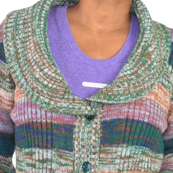 Vintage Hand Loomed Knit Cardigan Sweater Green Marled Rainbow Stripe 70s Medium - Picture 4 of 16